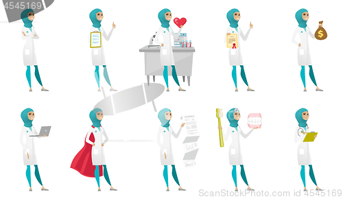 Image of Muslim doctor vector illustrations set.