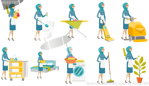 Image of Young muslim cleaner vector illustrations set.