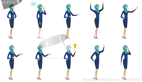 Image of Young muslim stewardess vector illustrations set.