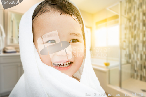 Image of Happy Cute Mixed Race Chinese and Caucasian Boy In Bathroom Wrap