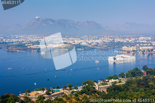 Image of Aerial view of Lake Pichola with Lake Palace Jag Niwas and Uda