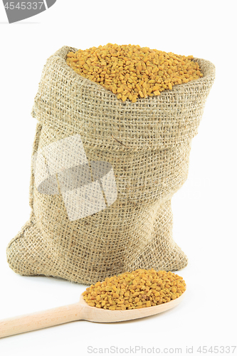 Image of Fenugreek seeds in burlap bag and over wooden spoon. 