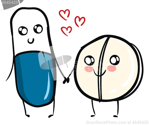 Image of Two medicine pills holding hands in love vector illustration on 