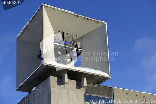 Image of Jarvenpaa, Finland – February 6, 2019: Bell tower of a modern 