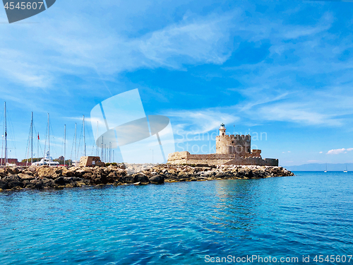 Image of Agios Nikolaos fortress on the Mandraki harbour of Rhodes, Greec