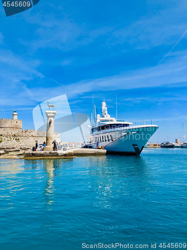 Image of Entrance to the Mandraki harbor, 
 Rhodes, Greece 