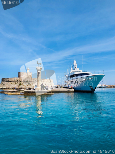 Image of Entrance to the Mandraki harbor, 
 Rhodes, Greece 