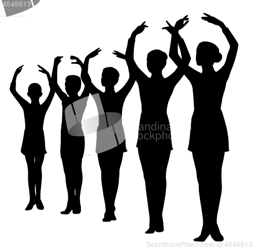 Image of Ballet dancers standing in a row with raised hands