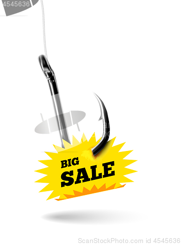 Image of Fishing hook with label price tag with text big sale. Vector illustration