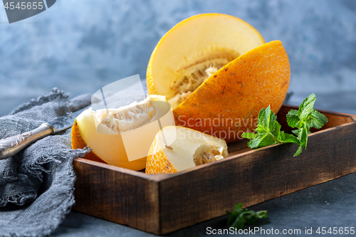 Image of Slices of ripe yellow melon.