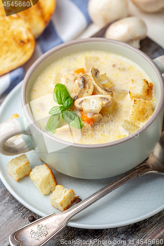 Image of Chicken cream soup with cheese and mushrooms.
