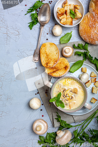 Image of Homemade cream soup with mushrooms and chicken.