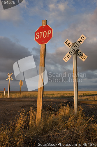 Image of rural railroad crossing witrh a stop sign