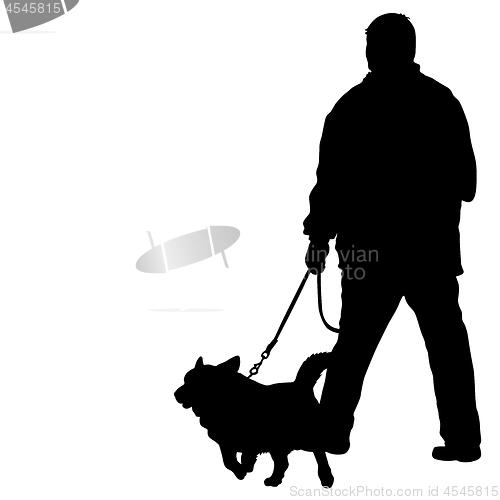 Image of Silhouette of man and dog on a white background