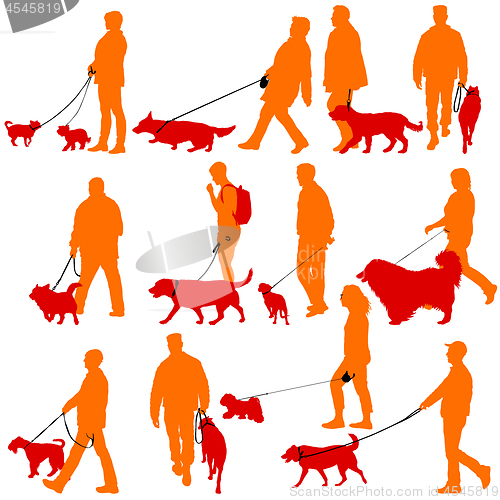 Image of Set silhouette of people and dog on a white background