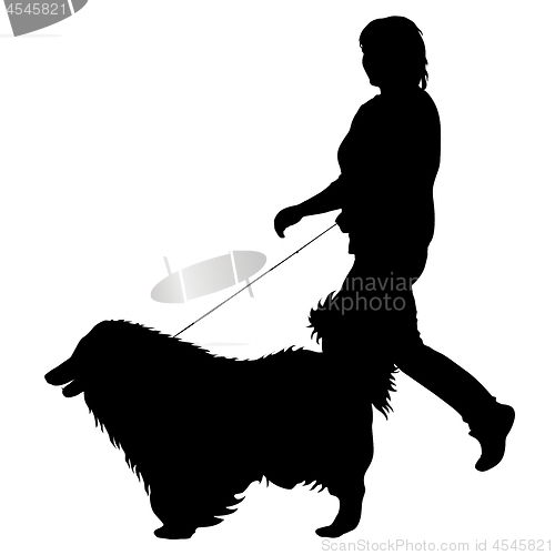 Image of Silhouette of woman and dog on a white background