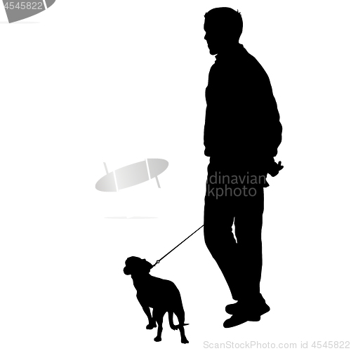 Image of Silhouette of man and dog on a white background