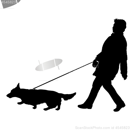 Image of Silhouette of woman and dog on a white background