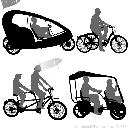 Image of Set silhouette of two athletes on tandem bicycle on white background