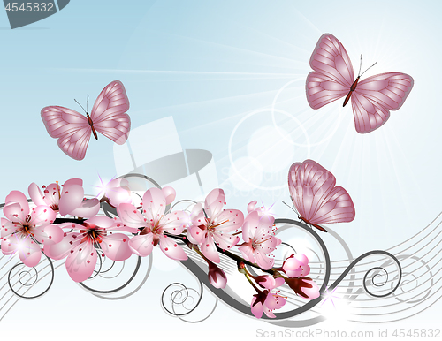 Image of Blossoming sakura cherry branch with pink flowers