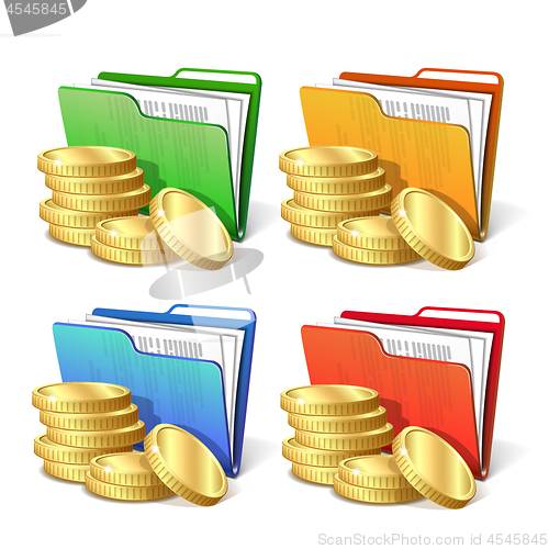 Image of Stack of gold coins next to folder with documents