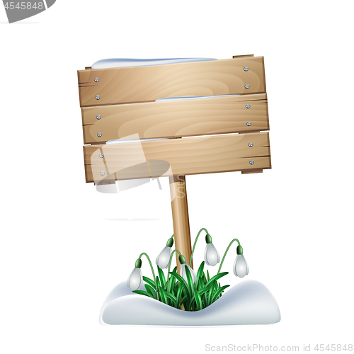 Image of Spring Wooden sign with white flowers of snowdrops