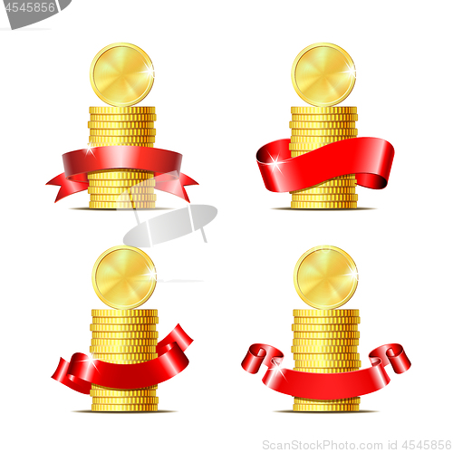 Image of Set of Stacked of coins with red ribbon