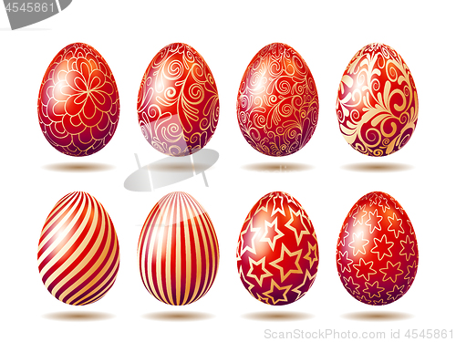 Image of Set of Easter bright red eggs with golden ornament