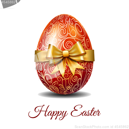 Image of Red Easter egg tied of gold ribbon