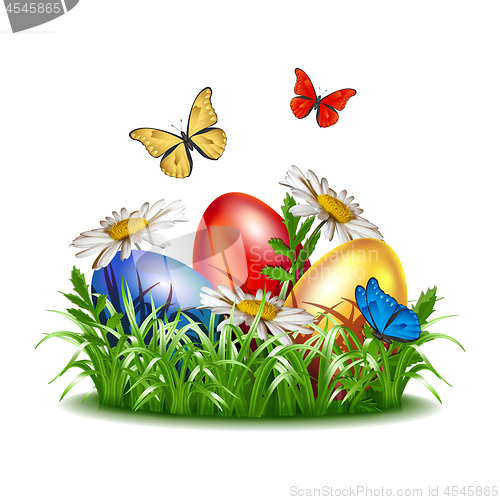 Image of Easter background with eggs in grass