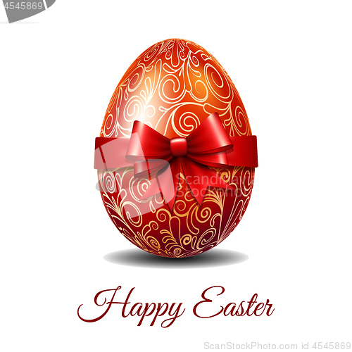 Image of Easter card with red Easter egg tied of red ribbon