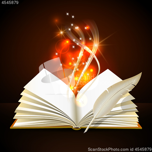 Image of Open book with mystic bright light and feather