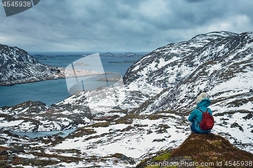 Image of Woman tourist on Lofoten islands, Norway