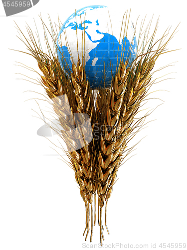 Image of Golden metal ears of wheat and Earth. Symbol that depicts prospe
