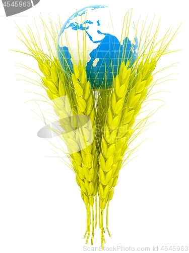 Image of Yellow ears of wheat and Earth. Symbol that depicts prosperity, 