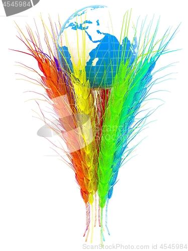 Image of Colorfull ears of wheat and Earth. Symbol that depicts prosperit