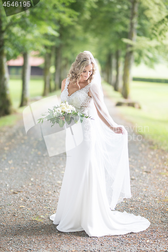 Image of Full length portrait of beautiful sensual young blond bride in long white wedding dress and veil, holding bouquet outdoors in natural background