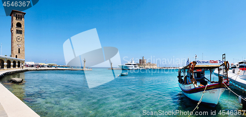 Image of Panoramic view of entrance to the Mandraki harbor, Rhodes, Greec