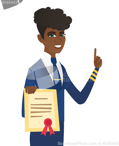 Image of Young african stewardess holding a certificate.