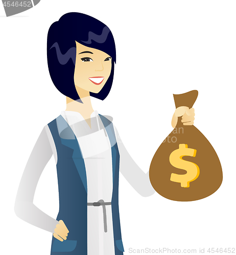 Image of Young asian business woman holding a money bag.