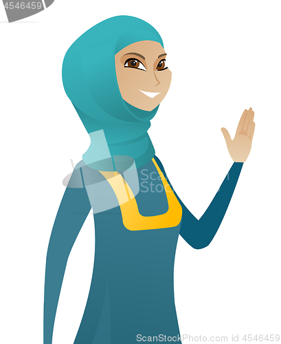 Image of Young muslim business woman waving her hand.