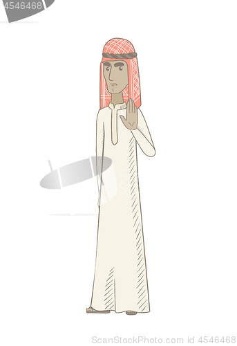 Image of Young muslim man showing palm hand.