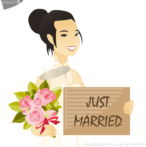 Image of Asian bride holding a plate with text just married