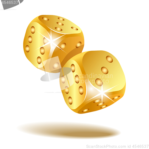 Image of Two golden falling dice isolated on white