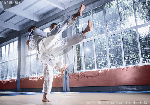 Image of Two judo fighters showing technical skill while practicing martial arts in a fight club