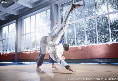 Image of Two judo fighters showing technical skill while practicing martial arts in a fight club