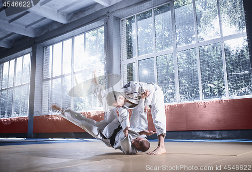 Image of Two judo fighters showing technical skill while practicing martial arts in a fight club