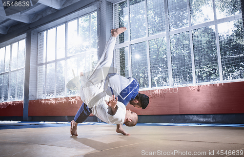 Image of Two judo fighters showing technical skill while practicing martial arts in a fight club