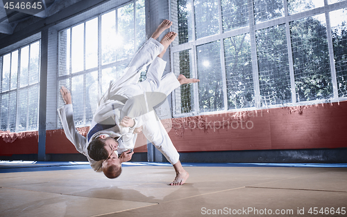 Image of Two judo fighters showing technical skill while practicing martial arts in a fight club