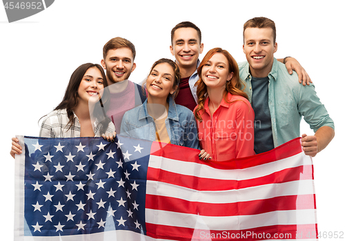 Image of group of smiling friends with american flag